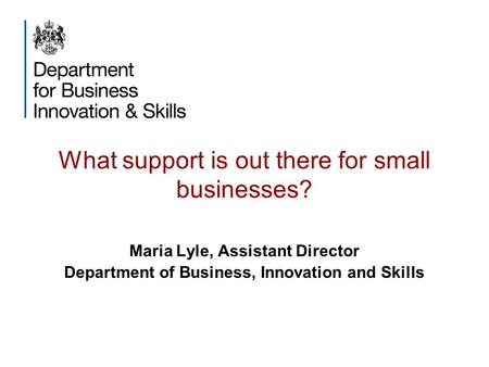 What support is out there for small businesses? Maria Lyle, Assistant Director Department of Business, Innovation and Skills.