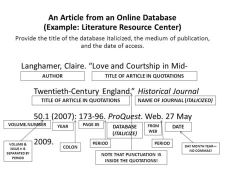 An Article from an Online Database (Example: Literature Resource Center) Provide the title of the database italicized, the medium of publication, and the.
