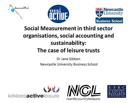 Social Measurement in third sector organisations, social accounting and sustainability: The case of leisure trusts Dr Jane Gibbon Newcastle University.