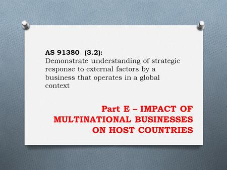 Part E – IMPACT OF MULTINATIONAL BUSINESSES ON HOST COUNTRIES AS 91380 (3.2): Demonstrate understanding of strategic response to external factors by a.