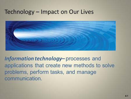4-1 Technology – Impact on Our Lives Information technology– processes and applications that create new methods to solve problems, perform tasks, and manage.