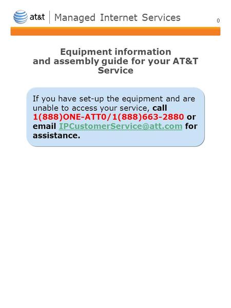 0 If you have set-up the equipment and are unable to access your service, call 1(888)ONE-ATT0/1(888)663-2880 or  for