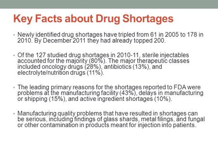 Key Facts about Drug Shortages Newly identified drug shortages have tripled from 61 in 2005 to 178 in 2010. By December 2011 they had already topped 200.