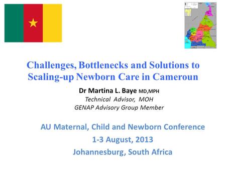 Challenges, Bottlenecks and Solutions to Scaling-up Newborn Care in Cameroun AU Maternal, Child and Newborn Conference 1-3 August, 2013 Johannesburg, South.