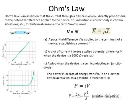 Ohm's Law Ohm's law is an assertion that the current through a device is always directly proportional to the potential difference applied to the device.