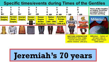 Jeremiah’s 70 years RAPTURE GENERATION Antichrist’s rise, reign, and his defeat when Christ returns (40 yrs) Millenium - Saints of all ages rule as Kings.