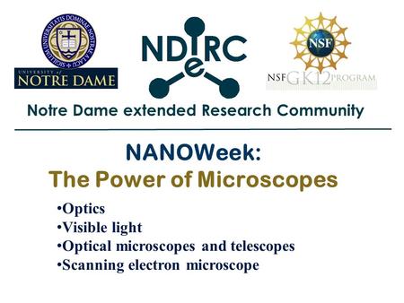 Notre Dame extended Research Community NANOWeek: The Power of Microscopes Optics Visible light Optical microscopes and telescopes Scanning electron microscope.