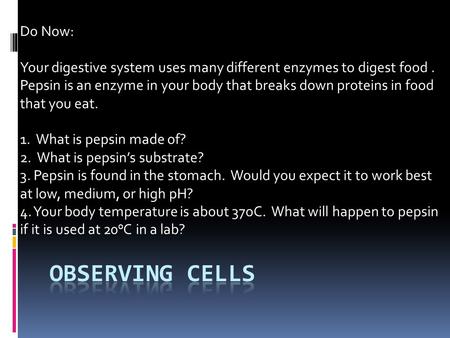 Do Now: Your digestive system uses many different enzymes to digest food. Pepsin is an enzyme in your body that breaks down proteins in food that you eat.