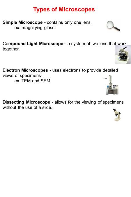 Types of Microscopes Simple Microscope - contains only one lens. ex. magnifying glass Compound Light Microscope - a system of two lens that work together.