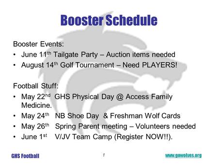 Booster Schedule Booster Events: