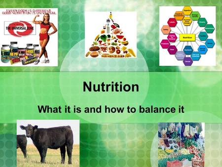 Nutrition What it is and how to balance it. 6 components to nutrition Water Carbs Protein Fats Vitamins Minerals.