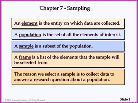 1 1 Slide © 2016 Cengage Learning. All Rights Reserved. A population is the set of all the elements of interest. A population is the set of all the elements.