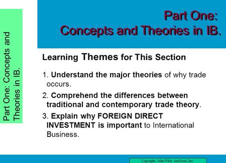 Chapter One Copyright, John Wiley and Sons, Inc. Part One: Concepts and Theories in IB. three Learning Themes for This Section reading this chapter, you.