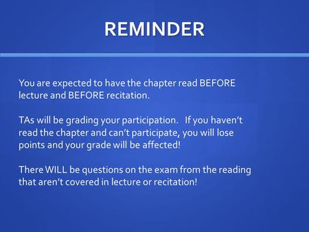 REMINDER You are expected to have the chapter read BEFORE lecture and BEFORE recitation. TAs will be grading your participation. If you haven’t read the.