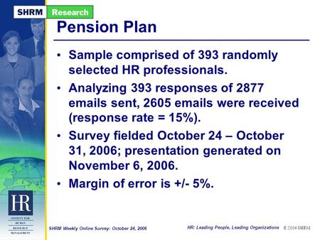 HR: Leading People, Leading Organizations © 2006 SHRM SHRM Weekly Online Survey: October 24, 2006 Pension Plan Sample comprised of 393 randomly selected.