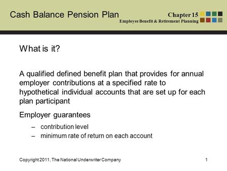 Chapter 15 Employee Benefit & Retirement Planning Cash Balance Pension Plan Copyright 2011, The National Underwriter Company1 What is it? A qualified defined.