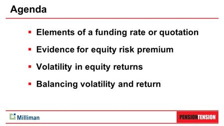 Agenda  Elements of a funding rate or quotation  Evidence for equity risk premium  Volatility in equity returns  Balancing volatility and return.