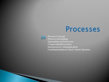 Process Concept Process Scheduling Operations on Processes Cooperating Processes Interprocess Communication Communication in Client-Server Systems.