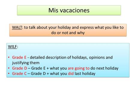 Mis vacaciones WALT: to talk about your holiday and express what you like to do or not and why WILF: Grade E - detailed description of holidays, opinions.