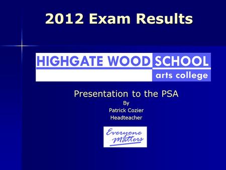 2012 Exam Results Presentation to the PSA By Patrick Cozier Headteacher.