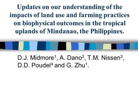 Updates on our understanding of the impacts of land use and farming practices on biophysical outcomes in the tropical uplands of Mindanao, the Philippines.