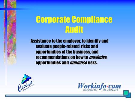 Corporate Compliance Audit Assistance to the employer, to identify and evaluate people-related risks and opportunities of the business, and recommendations.