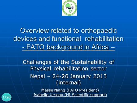 Overview related to orthopaedic devices and functional rehabilitation - FATO background in Africa – Challenges of the Sustainability of Physical rehabilitation.