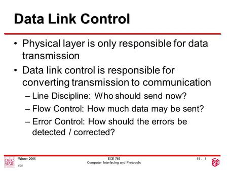 15 - Winter 2006 ECE ECE 766 Computer Interfacing and Protocols 1 Data Link Control Physical layer is only responsible for data transmission Data link.