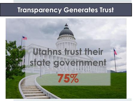 Transparency Generates Trust. TRANSPARENCY = ACCOUNTABILITY NATIONWIDE  62 % Trust state government  19 % Trust federal government  25 % Believe Obama.