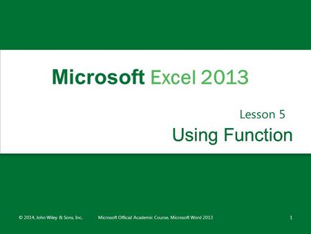 Using FunctionUsing Function Lesson 5 © 2014, John Wiley & Sons, Inc.Microsoft Official Academic Course, Microsoft Word 20131 Microsoft Excel 2013.