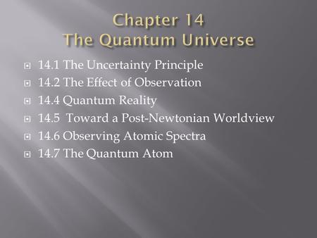  14.1 The Uncertainty Principle  14.2 The Effect of Observation  14.4 Quantum Reality  14.5 Toward a Post-Newtonian Worldview  14.6 Observing Atomic.