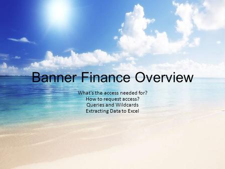 Banner Finance Overview What's the access needed for? How to request access? Queries and Wildcards Extracting Data to Excel.
