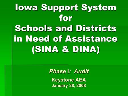 Iowa Support System for Schools and Districts in Need of Assistance (SINA & DINA) Phase I: Audit Keystone AEA January 28, 2008.