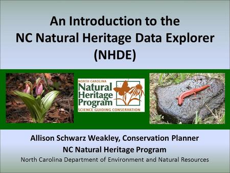 An Introduction to the NC Natural Heritage Data Explorer (NHDE) Allison Schwarz Weakley, Conservation Planner NC Natural Heritage Program North Carolina.