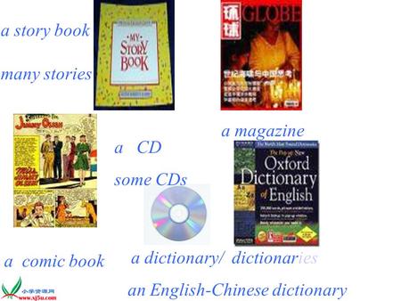 a story book many stories a magazine a comic book a CD some CDs a dictionary/ dictionaries an English-Chinese dictionary.