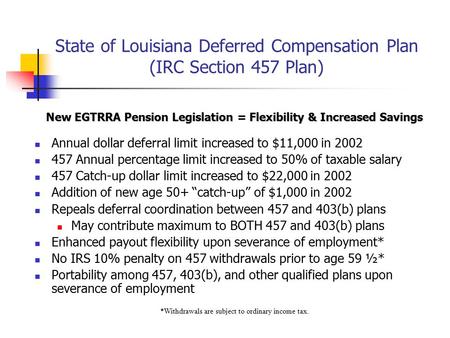 State of Louisiana Deferred Compensation Plan (IRC Section 457 Plan) New EGTRRA Pension Legislation = Flexibility & Increased Savings Annual dollar deferral.