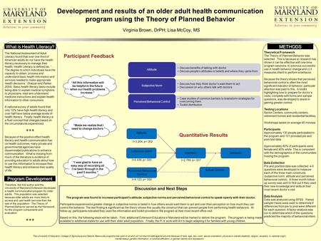Development and results of an older adult health communication program using the Theory of Planned Behavior Virginia Brown, DrPH; Lisa McCoy, MS The National.