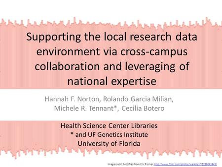 Supporting the local research data environment via cross-campus collaboration and leveraging of national expertise Hannah F. Norton, Rolando Garcia Milian,