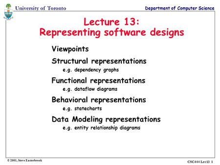 University of Toronto Department of Computer Science © 2001, Steve Easterbrook CSC444 Lec13 1 Lecture 13: Representing software designs Viewpoints Structural.