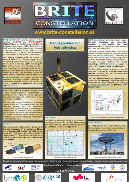 BRITE-Constellation currently consists of two satellites, UniBRITE and BRITE-AUSTRIA (TUGSAT-1) and two satellites to be funded by the Canadian Space Agency.