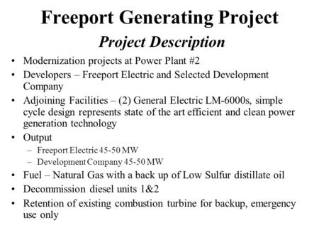 Freeport Generating Project Project Description Modernization projects at Power Plant #2 Developers – Freeport Electric and Selected Development Company.