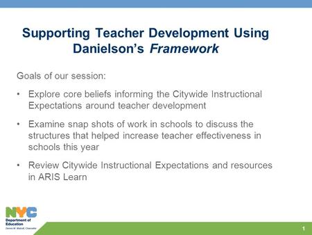 Supporting Teacher Development Using Danielson’s Framework Goals of our session: Explore core beliefs informing the Citywide Instructional Expectations.