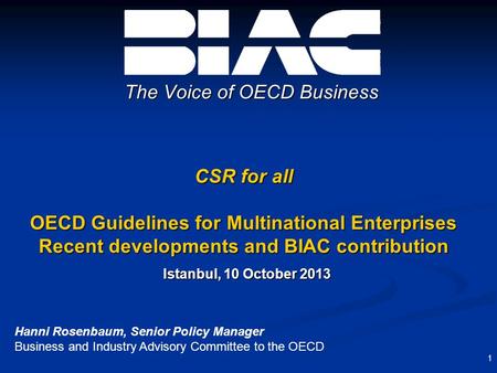 CSR for all OECD Guidelines for Multinational Enterprises Recent developments and BIAC contribution Istanbul, 10 October 2013 The Voice of OECD Business.