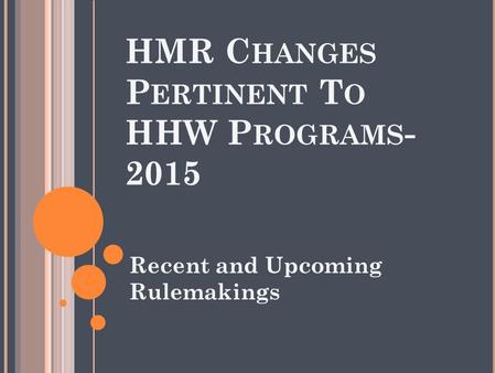 HMR C HANGES P ERTINENT T O HHW P ROGRAMS - 2015 Recent and Upcoming Rulemakings.
