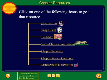 To return to the chapter summary click Escape or close this document. Chapter Resources Click on one of the following icons to go to that resource. glencoe.com.