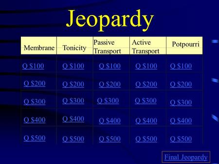 Jeopardy MembraneTonicity Passive Transport Active Transport Potpourri Q $100 Q $200 Q $300 Q $400 Q $500 Q $100 Q $200 Q $300 Q $400 Q $500 Final Jeopardy.