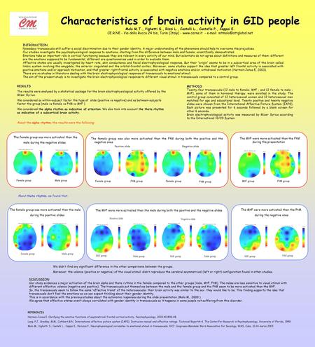Characteristics of brain activity in GID people Molo M.T., Vighetti S., Rizzi L., Castelli L., Cantafio P., Cappai E. CE.R.NE - Via della Rocca 24 bis,
