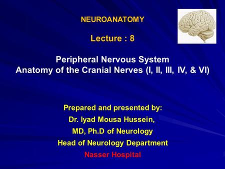 NEUROANATOMY Lecture : 8 Peripheral Nervous System Anatomy of the Cranial Nerves (I, II, III, IV, & VI) Prepared and presented by: Dr. Iyad Mousa Hussein,