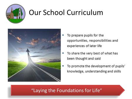 Our School Curriculum  To prepare pupils for the opportunities, responsibilities and experiences of later life  To share the very best of what has been.