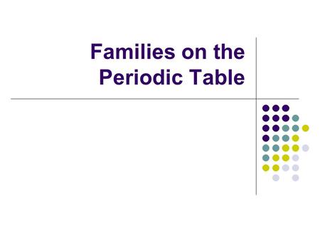 Families on the Periodic Table. Alkali Metals Elements Solids: LithiumLi PotassiumK SodiumNa RubidiumRb CesiumCs FranciumFr.